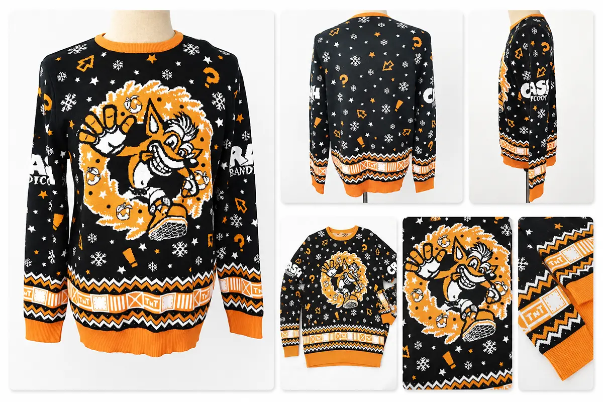 Company logo placement on a custom Christmas sweater design