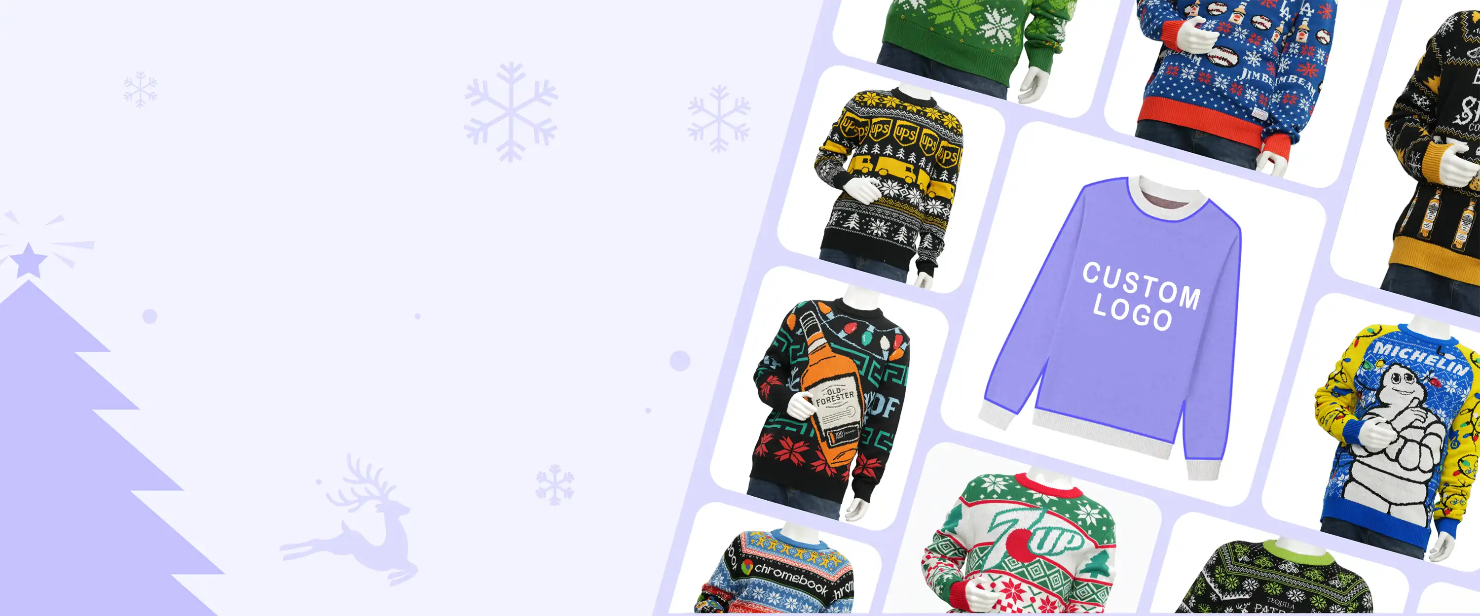 Multiple custom Christmas sweater designs made for brand campaigns