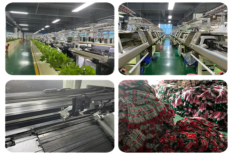 Overview of factory workshop showing multiple stages of Christmas sweater production