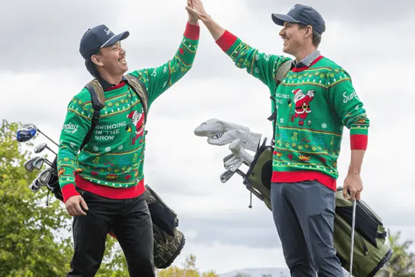 Customer review and custom Christmas sweater for Sunday Golf