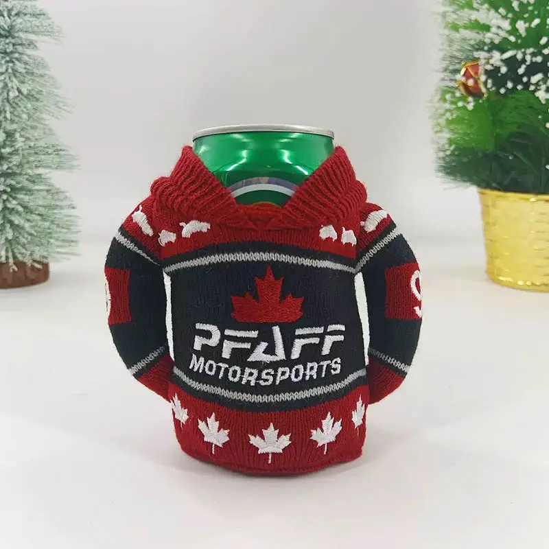 Knit-in logo detail on custom bottle sweater