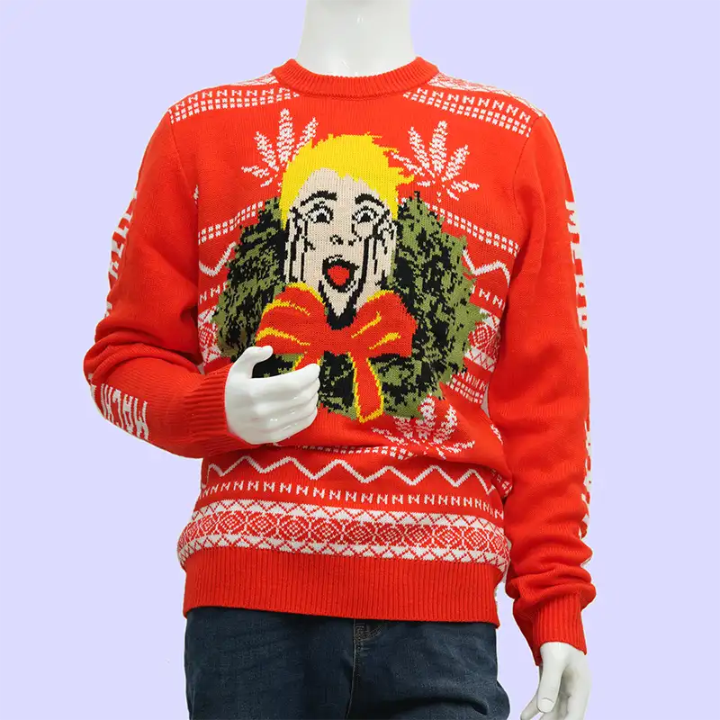 Knit texture detail on a crewneck Christmas sweater