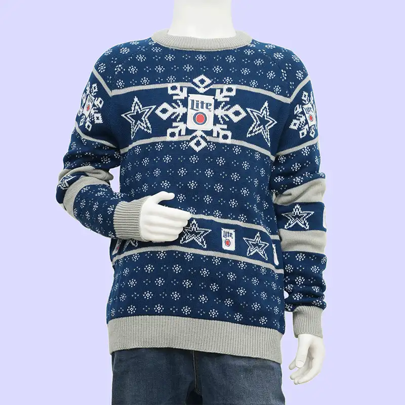 Knit texture detail on a team Christmas sweater