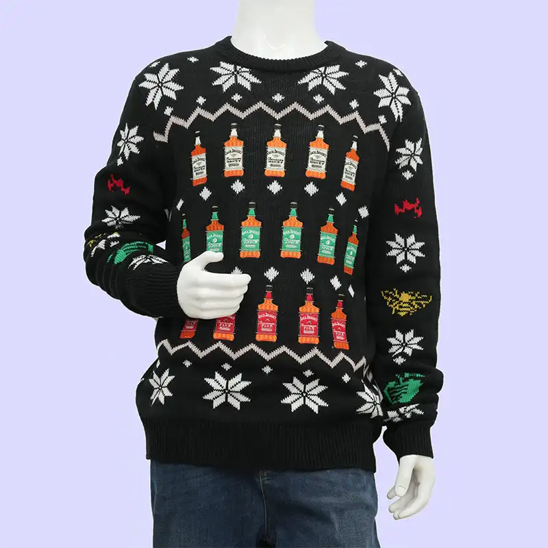 Side view of a factory-made promotional Christmas sweater