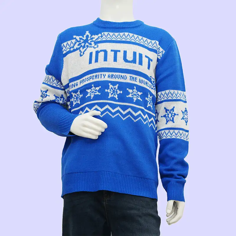 Knit detail on corporate holiday sweaters