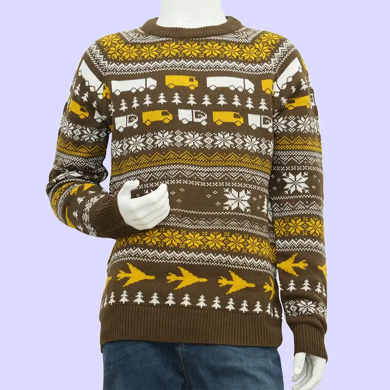 Side view of custom knitted Christmas jumper for brands