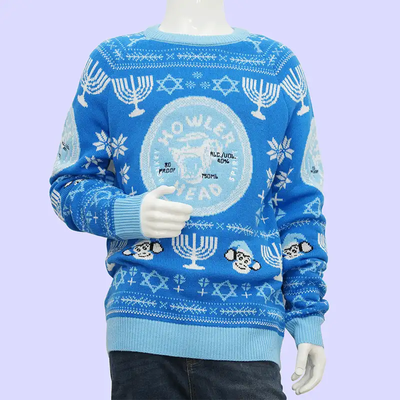 Front view of Christmas sweater with embroidered logo