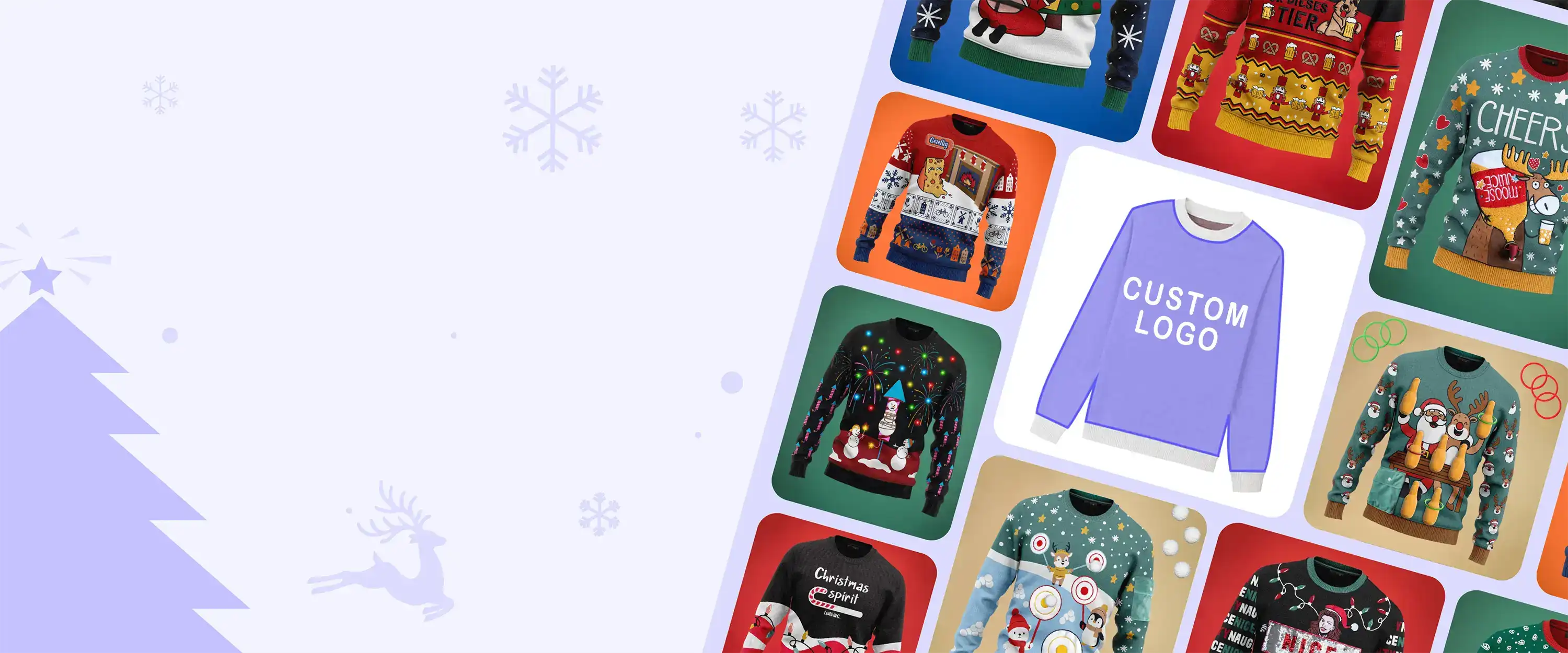 Custom Christmas sweaters showcasing multiple craftsmanship techniques