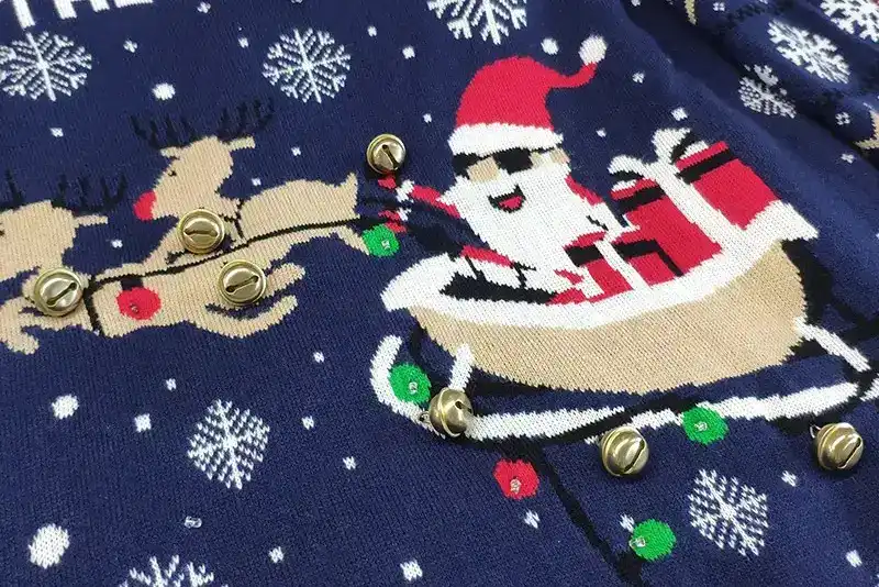 Bell stitch detailing on custom Christmas sweater