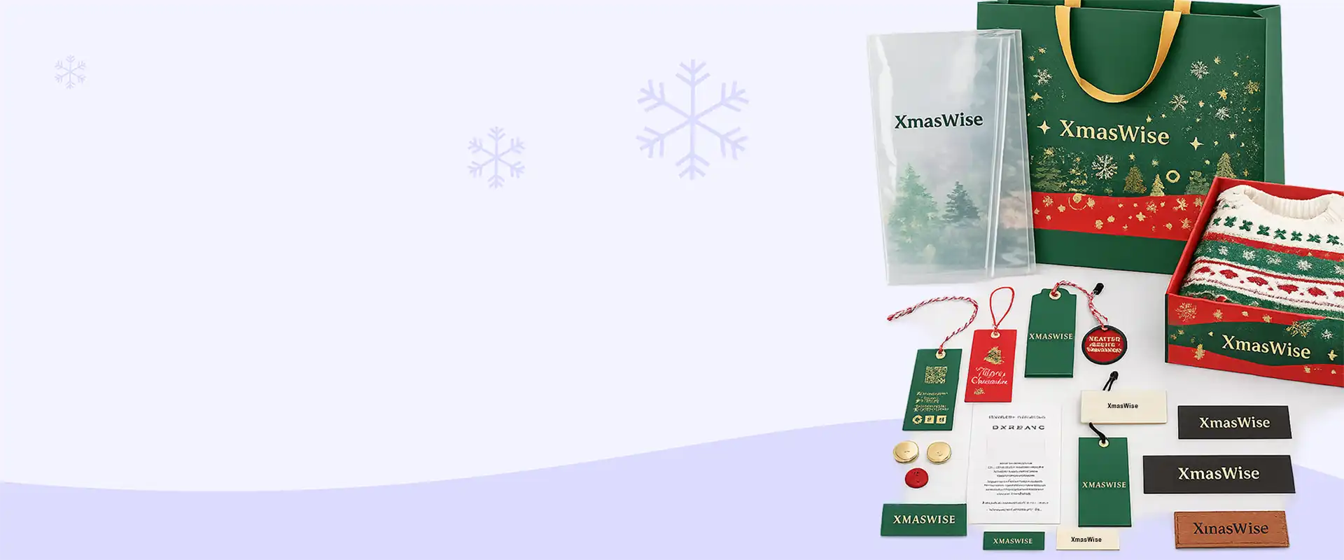 Custom Christmas sweater packaging with all accessories including hang tags, polybag and labels